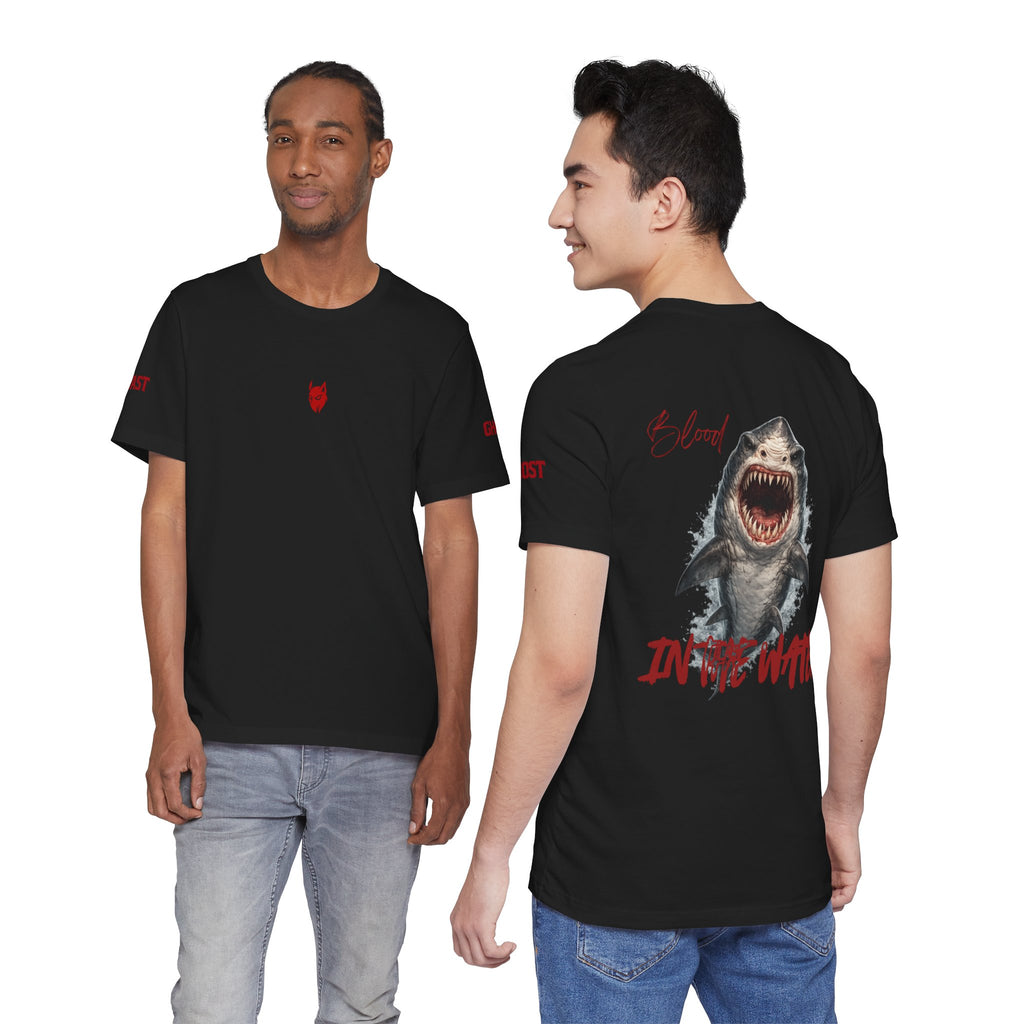 "Blood in the Water" graphic t-shirt with aggressive lettering, Ghost Beast