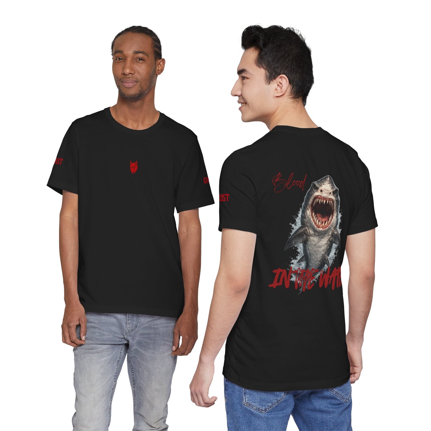 "Blood in the Water" graphic t-shirt with aggressive lettering, Ghost Beast